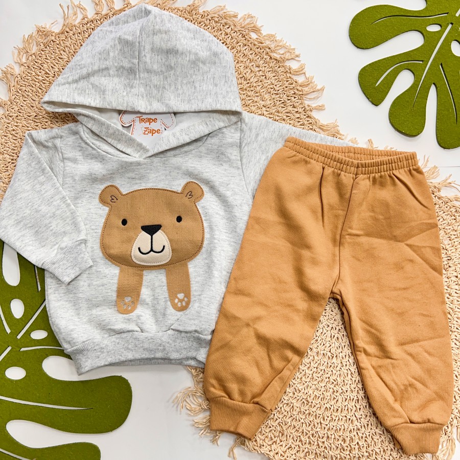 Inverno 2025 - Conj. Casaco com Capuz Urso Fofo e Calça - Mescla e Marrom